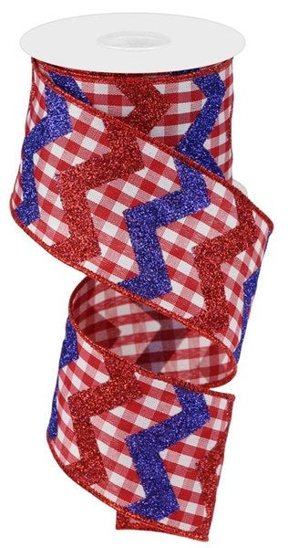 2.5" X 10Yd Wired Ribbon-Glitter Chevron/Gingham Ribbon-RGC124024-Red/White/Blue-Wreaths-Crafts