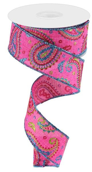 1.5" X 10Yd Wired Ribbon-Paisley On Royal Ribbon-RGC137522-Pink/Lime/Ht Pnk/Turq-Wreaths-Crafts