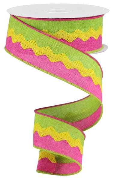 1.5" X 10Yd Wired Ribbon-2-In-1 Ricrac On Royal Burlap Ribbon-RG202885-Lime/Yellow/Fuchsia-Wreaths-Crafts