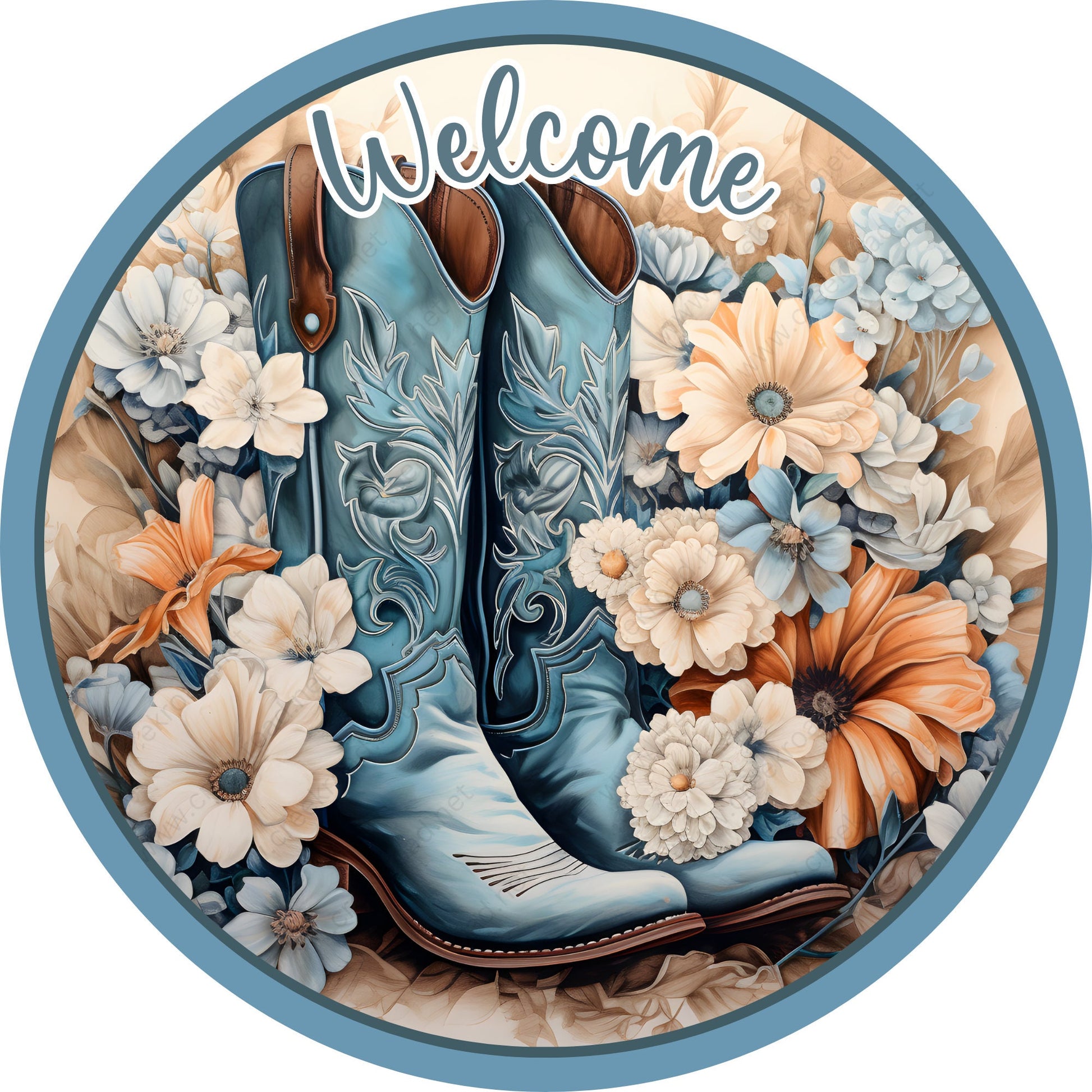 Welcome Denim Color Cowgirl Boots with Florals Wreath Sign-Sublimation-Round-Summer-Decor