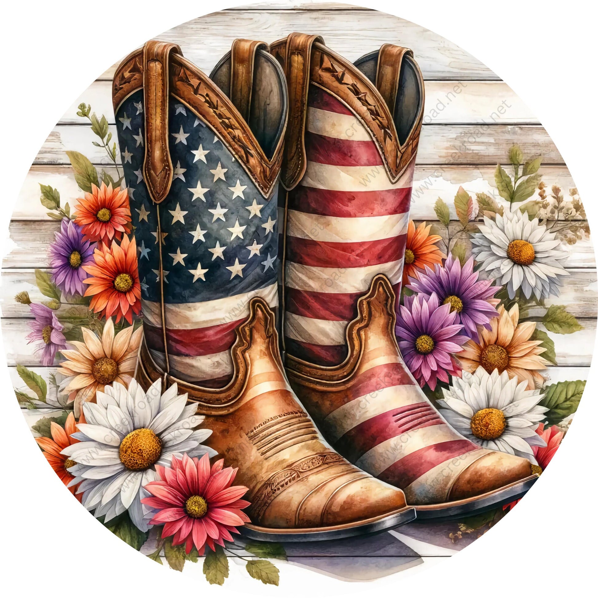 Patriotic American Flag Boots Wreath Sign-Round-Sublimation-Aluminum-Attachment-Decor