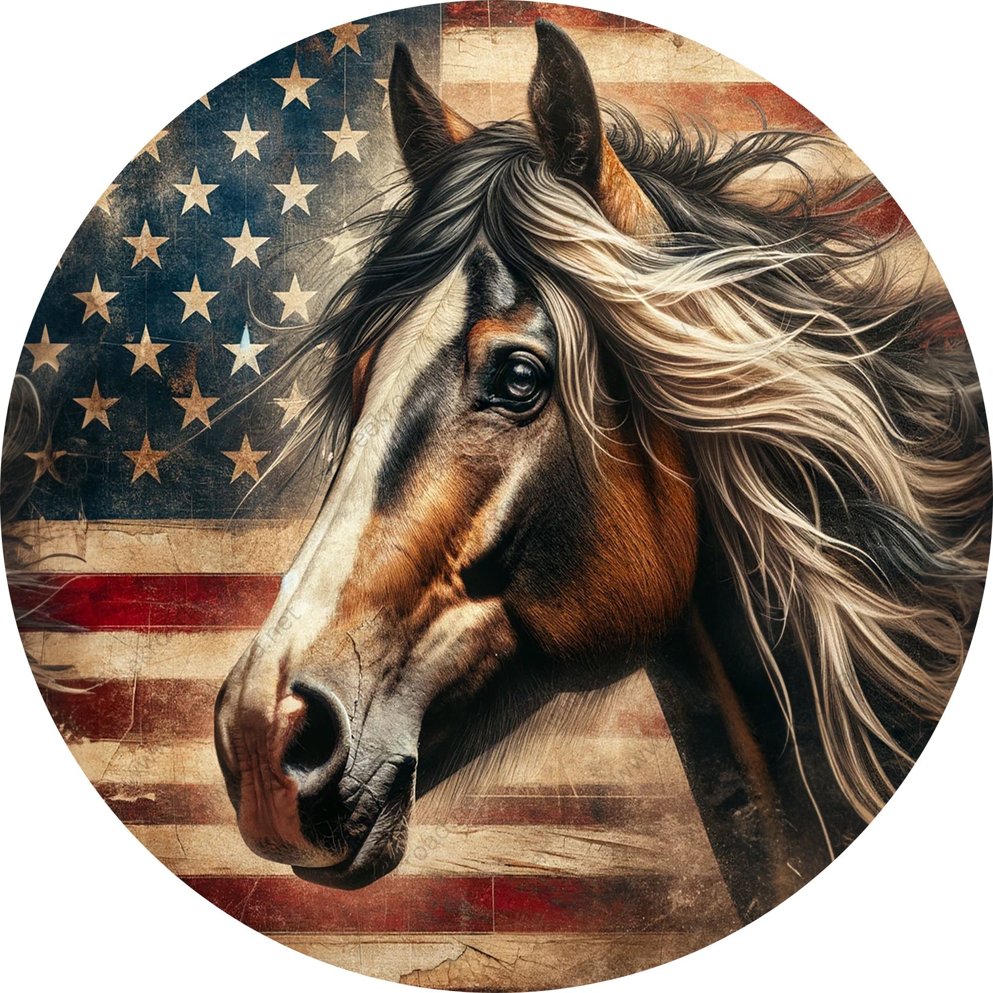 Patriotic Brown Horse American Flag Wreath Sign-Round-Sublimation-Aluminum-Attachment-Decor