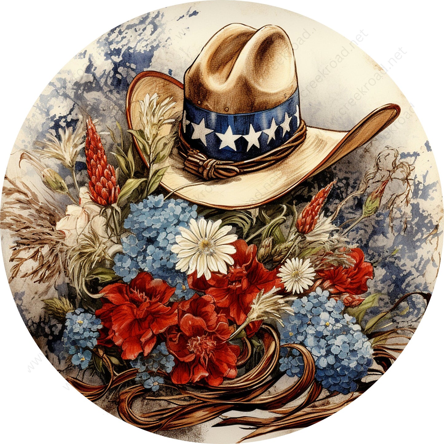 Western Patriotic Cowboy Hat Florals Watercolor Wreath Sign-Round-Sublimation-Aluminum-Attachment-Decor