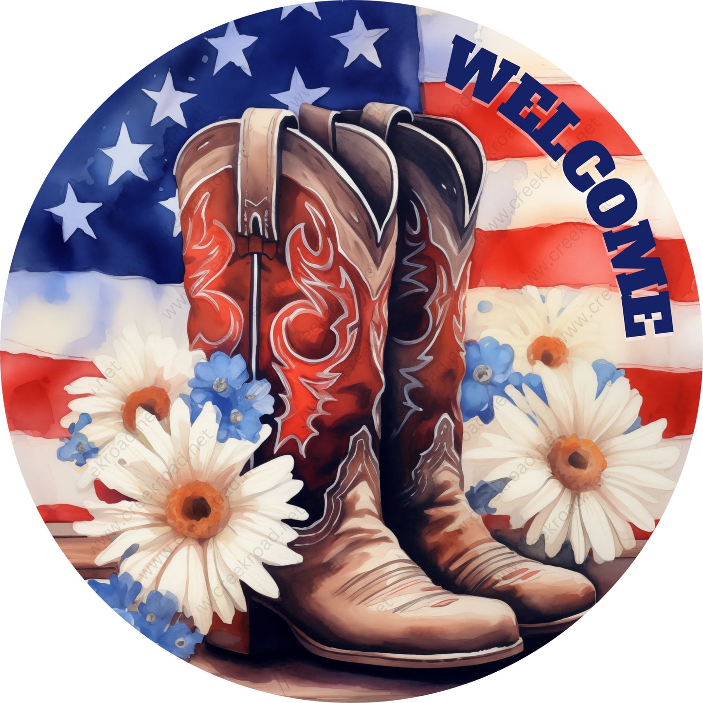 Welcome Patriotic Cowboy Boots Watercolor Wreath Sign-Round-Sublimation-Aluminum-Attachment-Decor