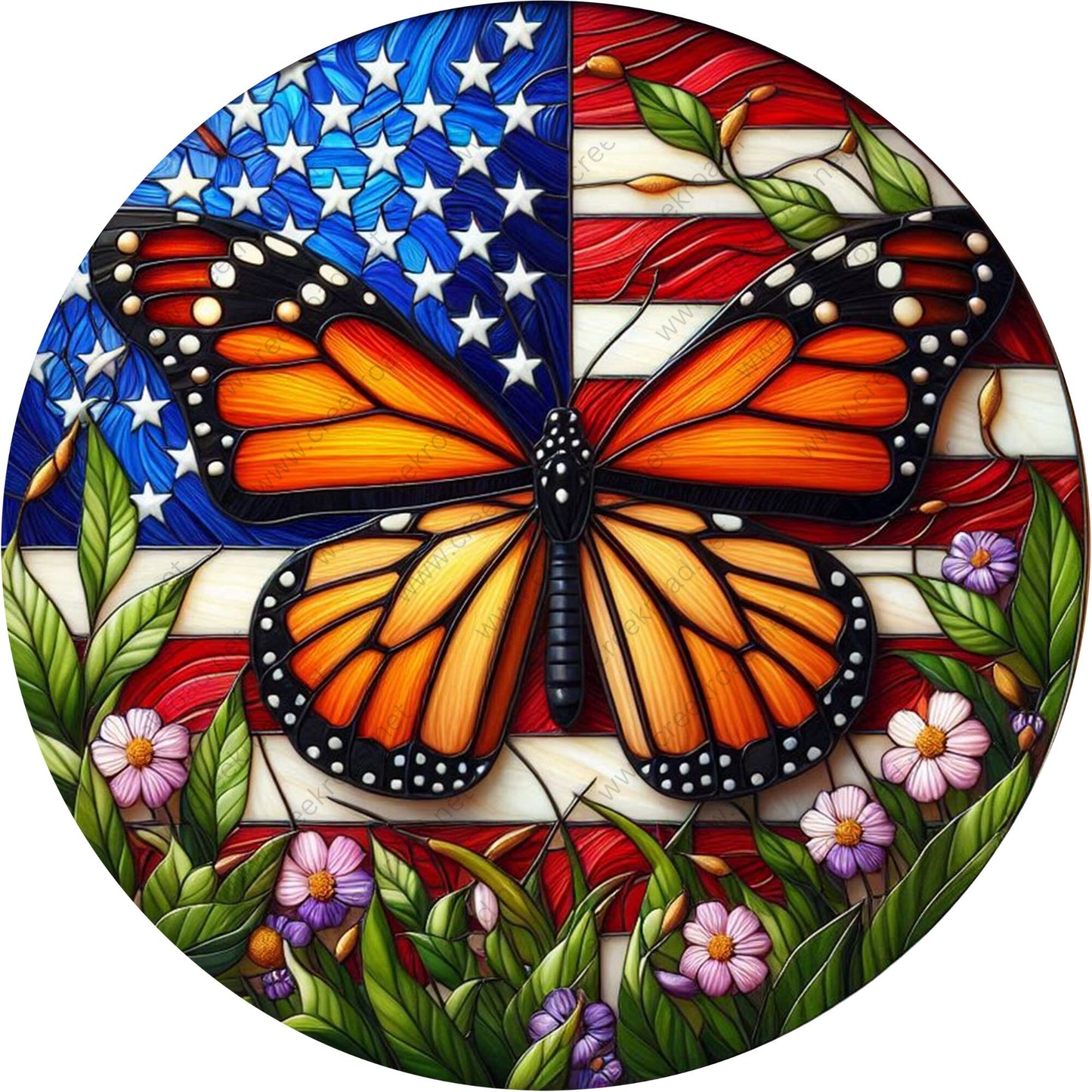 Vibrant Monarch Butterfly American Flag Wreath Sign-Round-Sublimation-Aluminum-Attachment-Decor