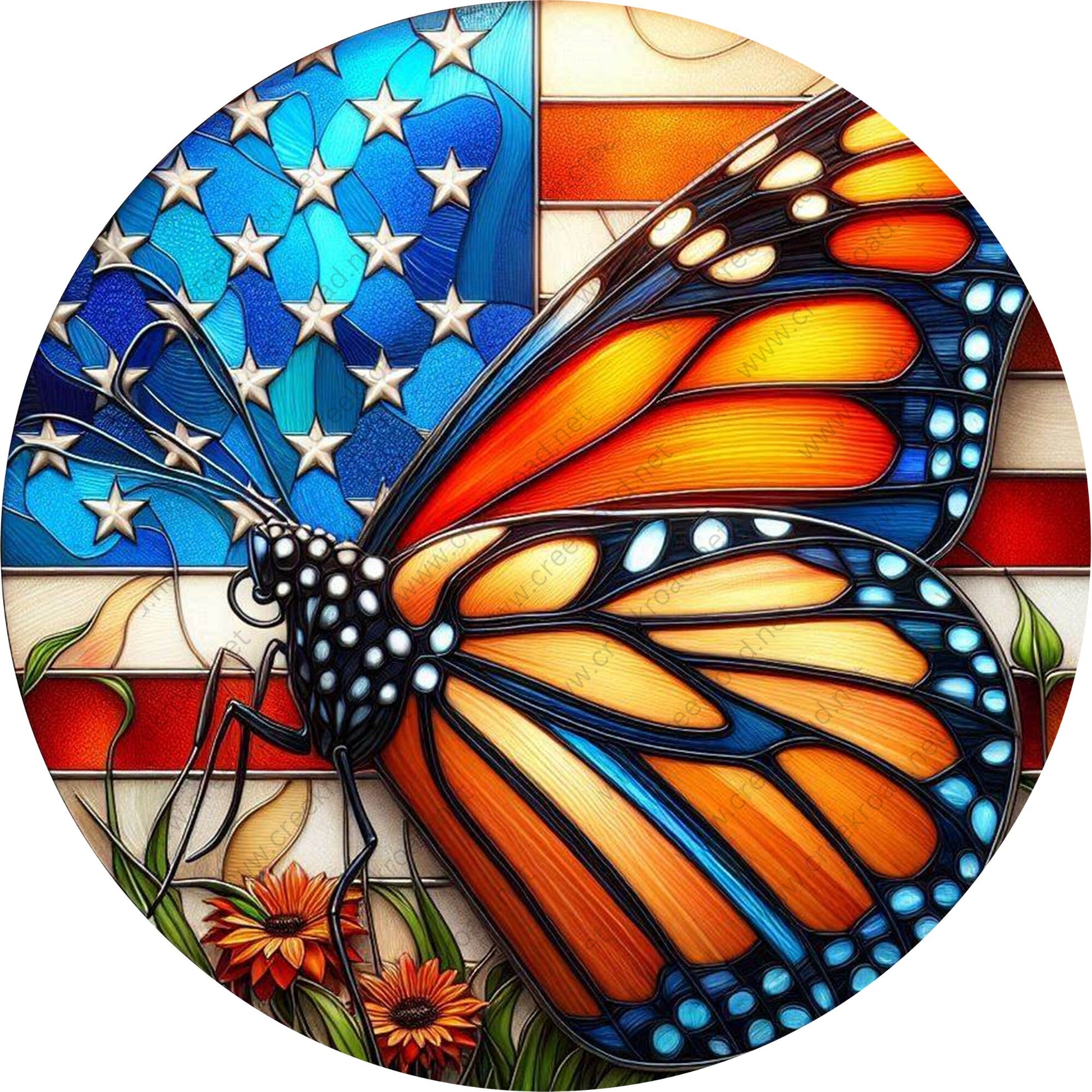 Vibrant Monarch Butterfly American Flag Orange Flower Wreath Sign-Round-Sublimation-Aluminum-Attachment-Decor