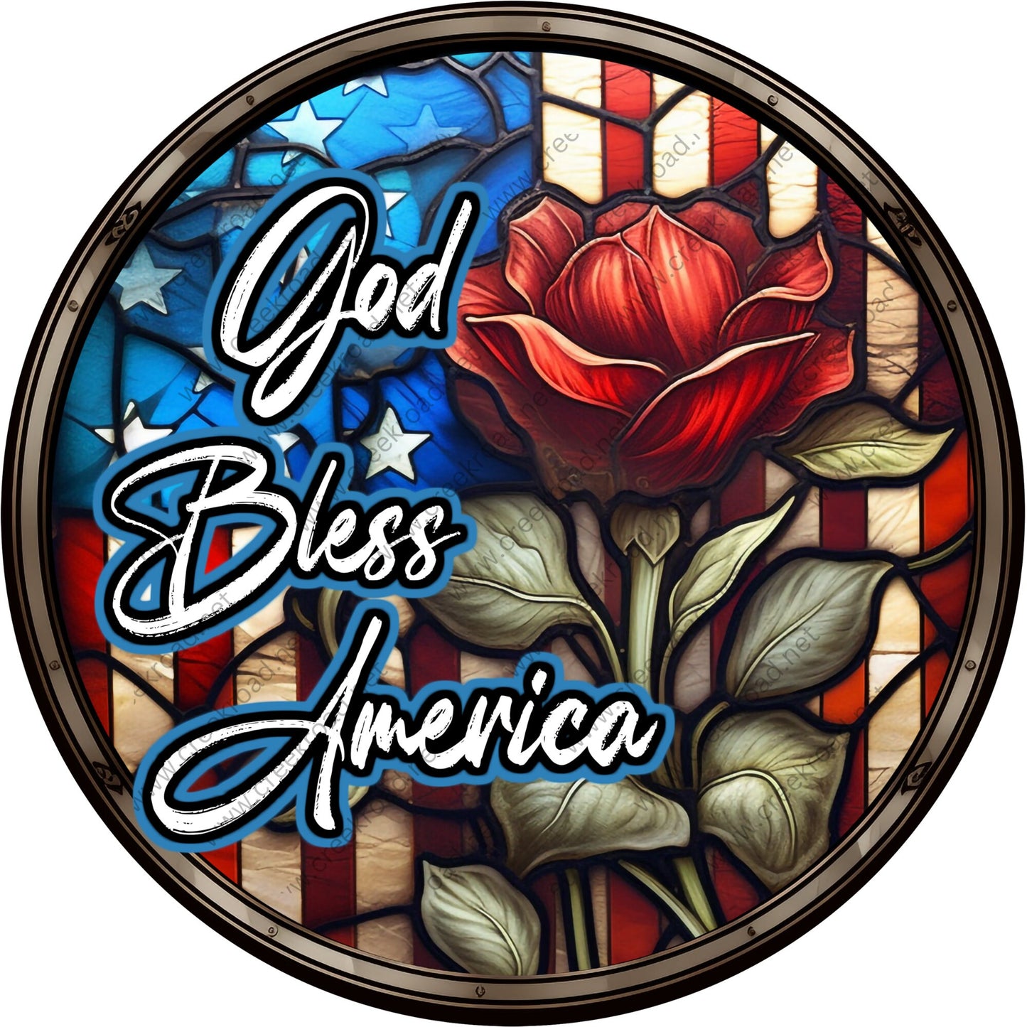 God Bless America Red Rose Flag Wreath Sign-Round-Sublimation-Aluminum-Attachment-Decor