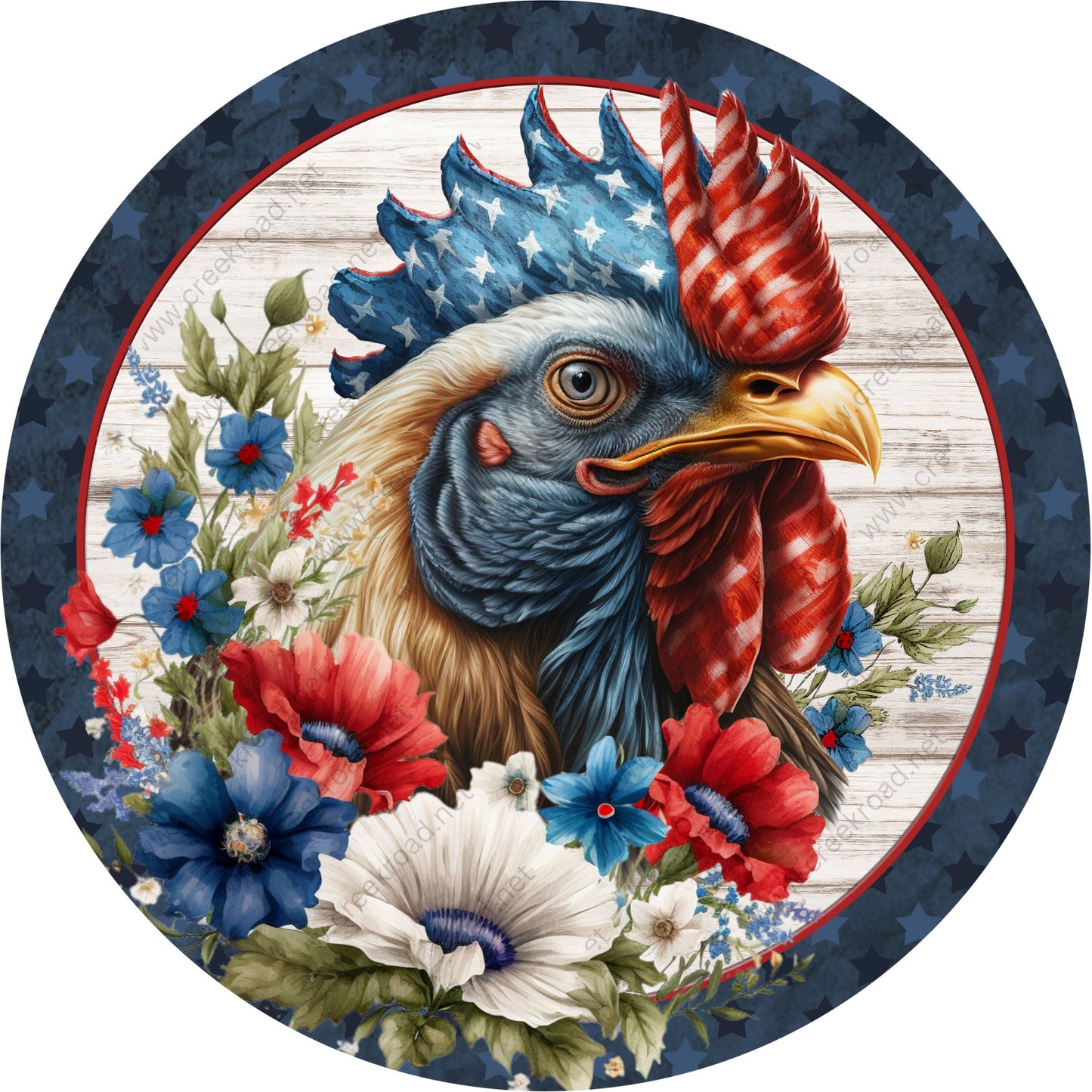 Patriotic Rooster Colorful Florals Wreath Sign-Round-Sublimation-Aluminum-Attachment-Decor