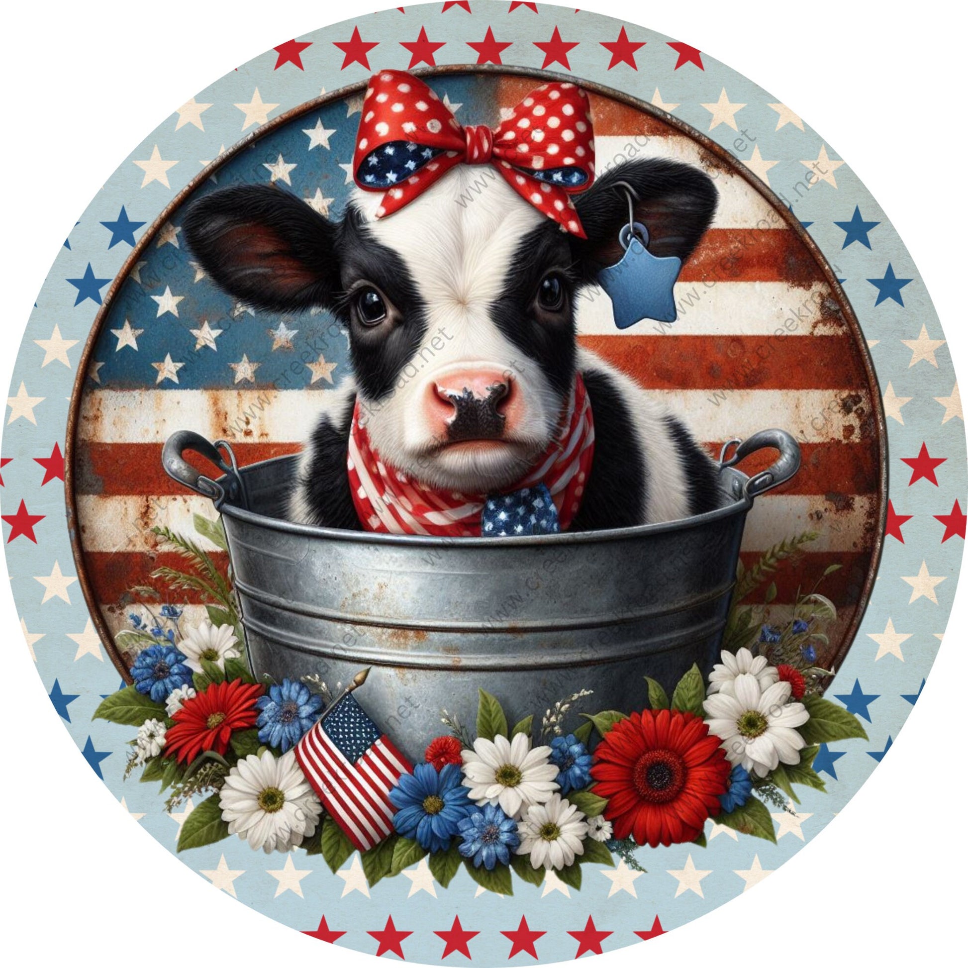 Baby Black White Cow with Bow in Washtub Wreath Sign-Round-Sublimation-Aluminum-Attachment-Decor