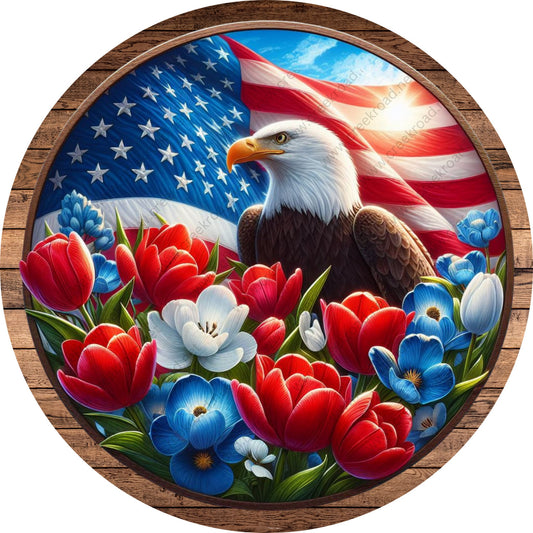 Vibrant Color Patriotic Eagle Flowers Wreath Sign-Round-Sublimation-Aluminum-Attachment-Decor