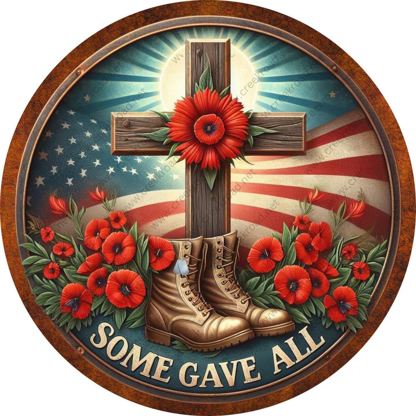 Some Gave All Cross Military Boots Wreath Sign-Round-Sublimation-Aluminum-Attachment-Decor