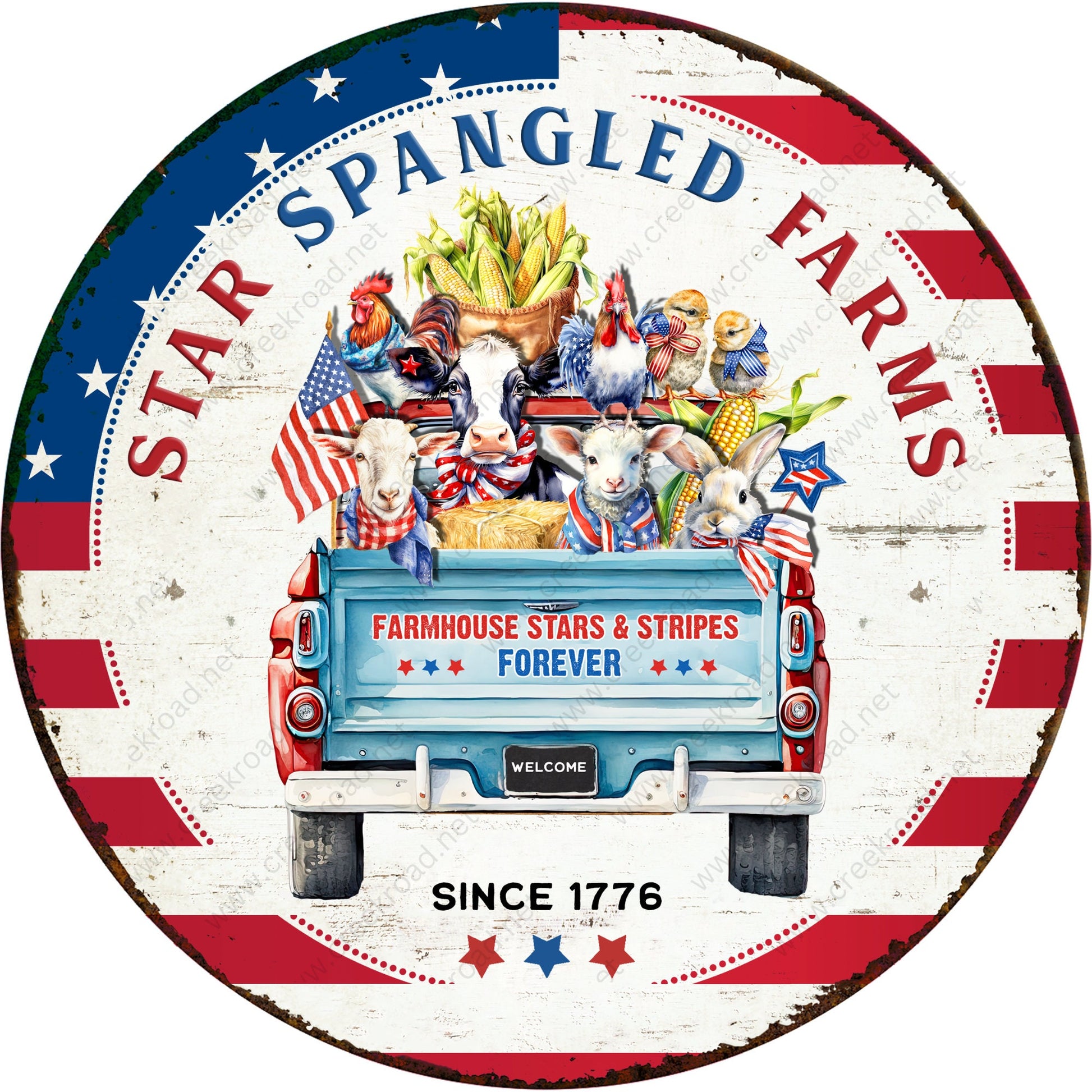 Star Spangled Farms Since 1776 Distressed Wreath Sign-Round-Sublimation-Aluminum-Attachment-Decor