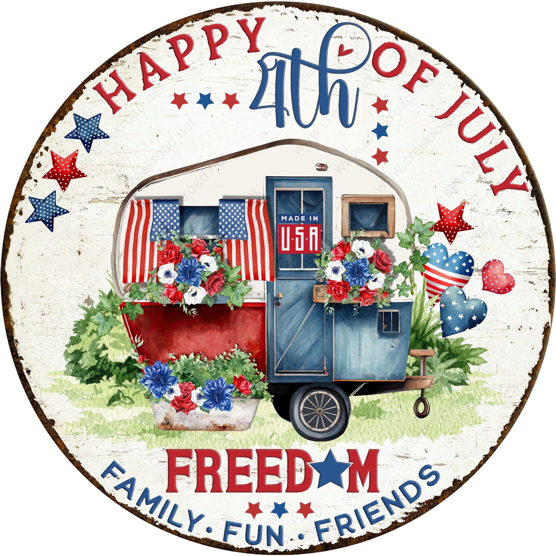 Happy 4th of July Freedom Vintage Rusted Border Wreath Sign-Round-Sublimation-Aluminum-Attachment-Decor