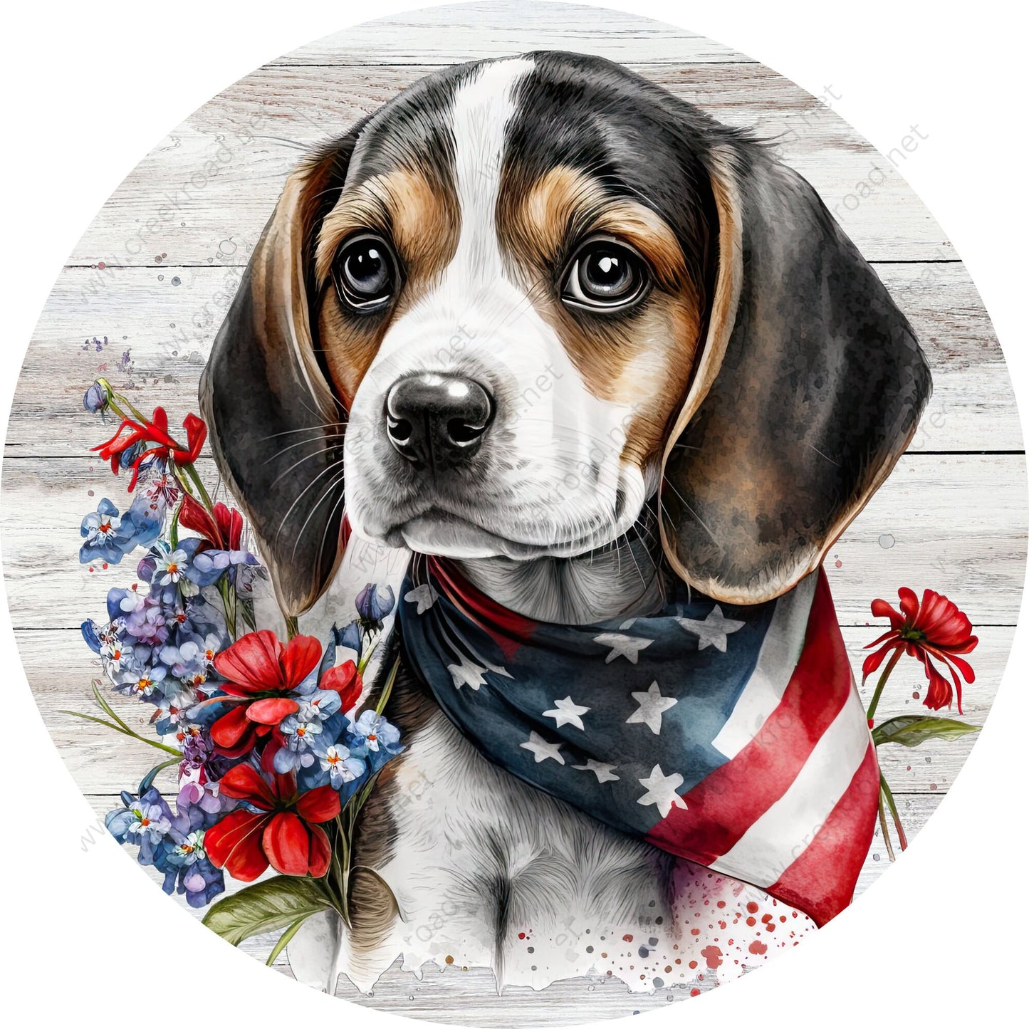 Patriotic Beagle Flag Scarf Wreath Sign-Round-Sublimation-Aluminum-Attachment-Decor