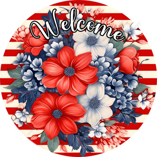 Welcome Patriotic Florals Stripes Background Wreath Sign-Round-Sublimation-Aluminum-Attachment-Decor