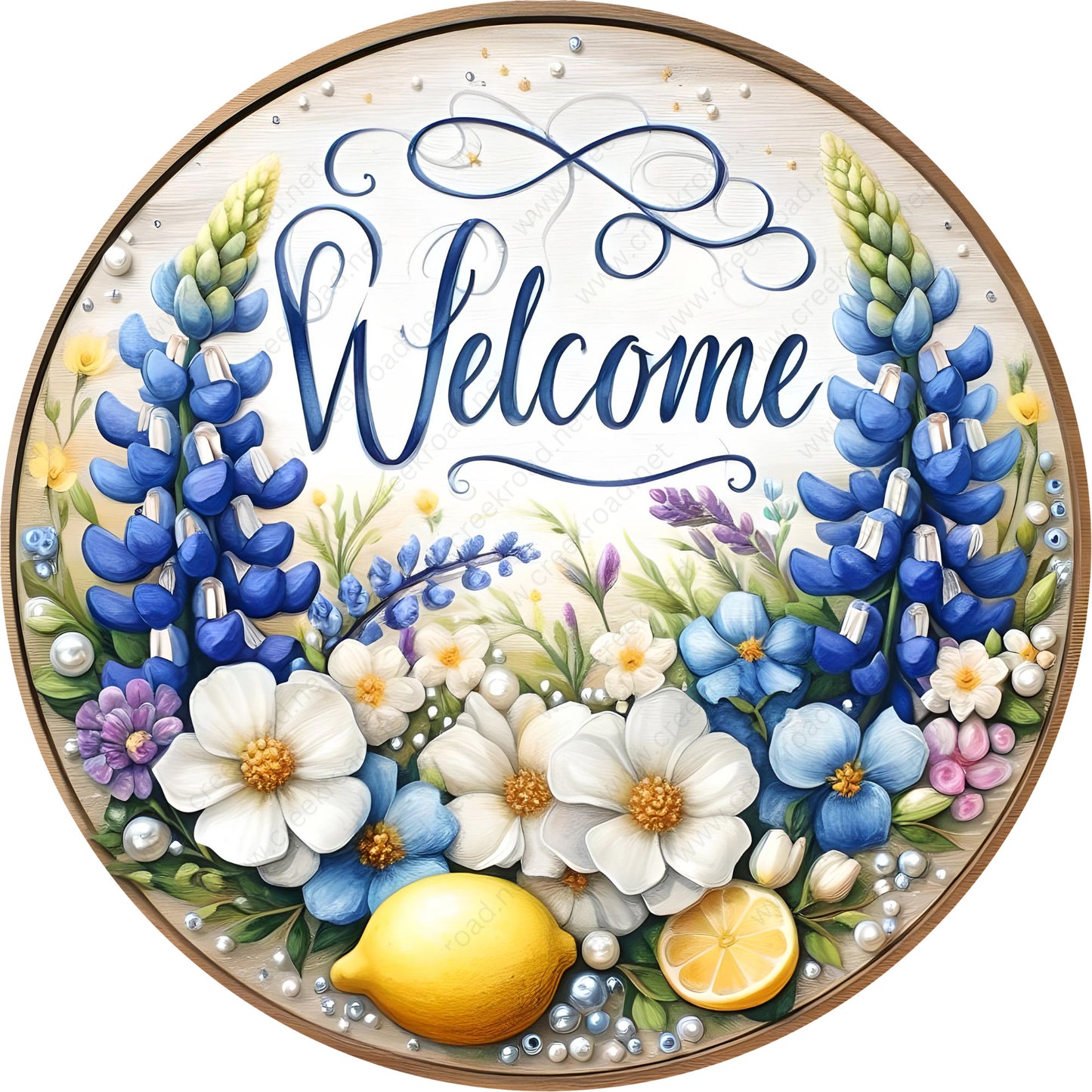 Welcome Friends Summer Lemon Blue Floral Wreath Sign-Round-Sublimation-Decor-attachment