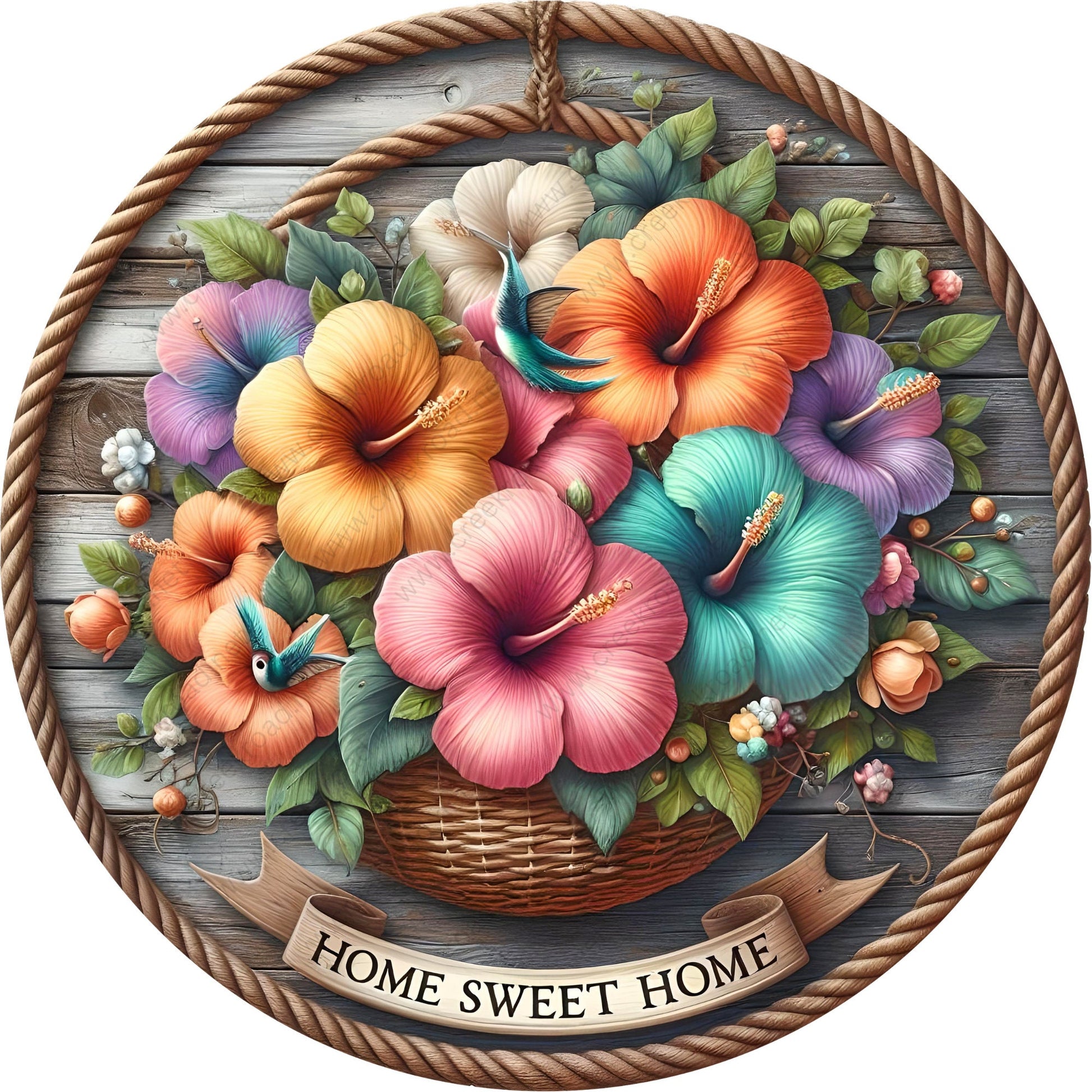 Welcome Friends Summer Lemon Blue Floral Wreath Sign-Round-Sublimation-Decor-attachment