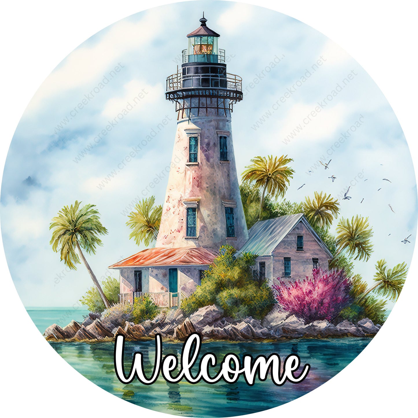 Welcome Coastal Pointe Lighthouse Wreath Sign-Round-Coastal-Sublimation-Attachment-Decor