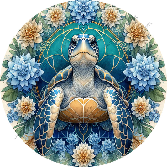 Blue Sea Turtle Floral Border Wreath Sign-Round-Coastal-Sublimation-Attachment-Decor