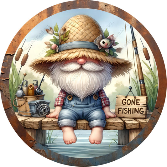 Gone Fishing Gnome Wreath Sign-Round-Coastal-Sublimation-Attachment-Decor