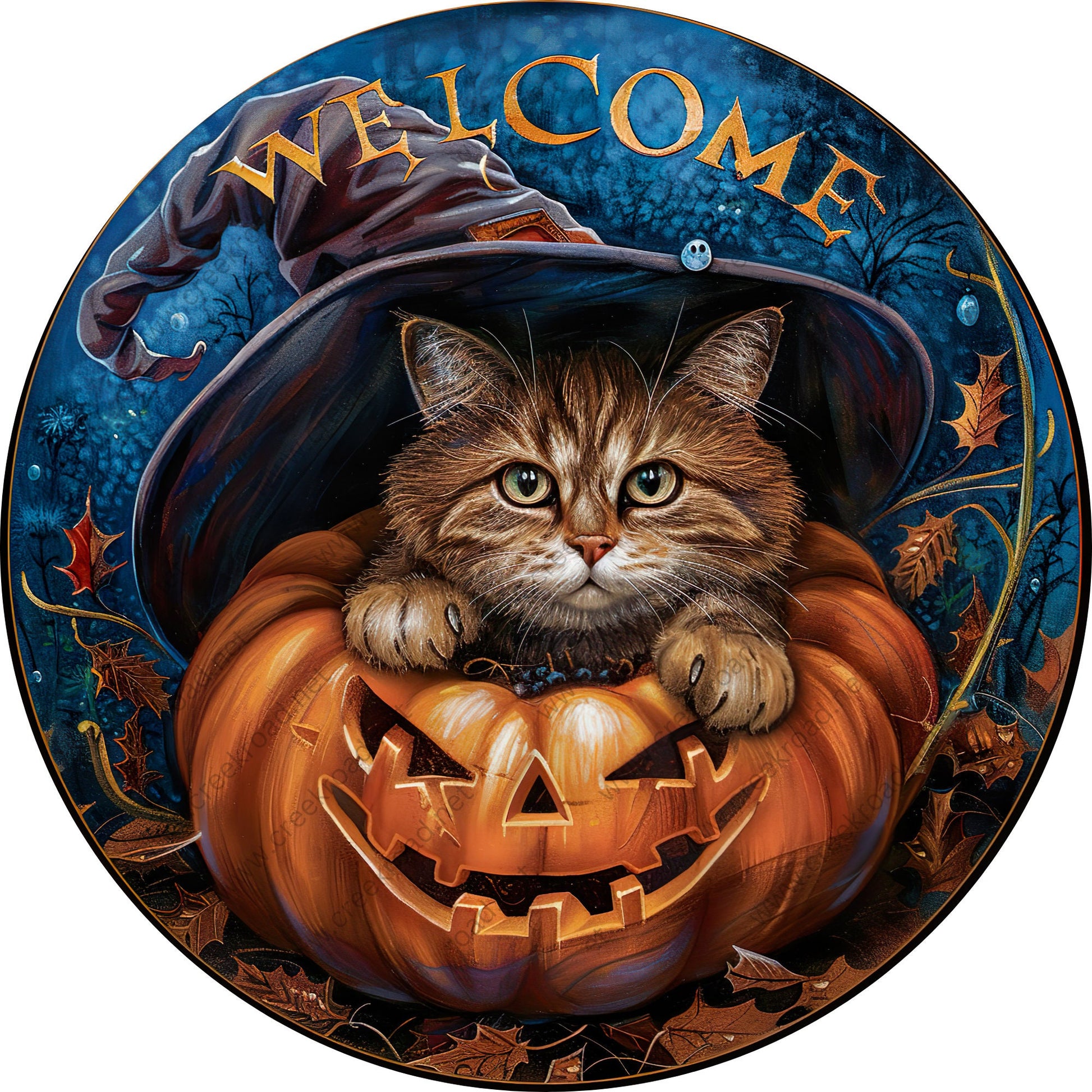 Welcome Cat Witches Hat in Jackolantern Wreath Sign-Halloween-Sublimation-Decor-Creek Road Designs