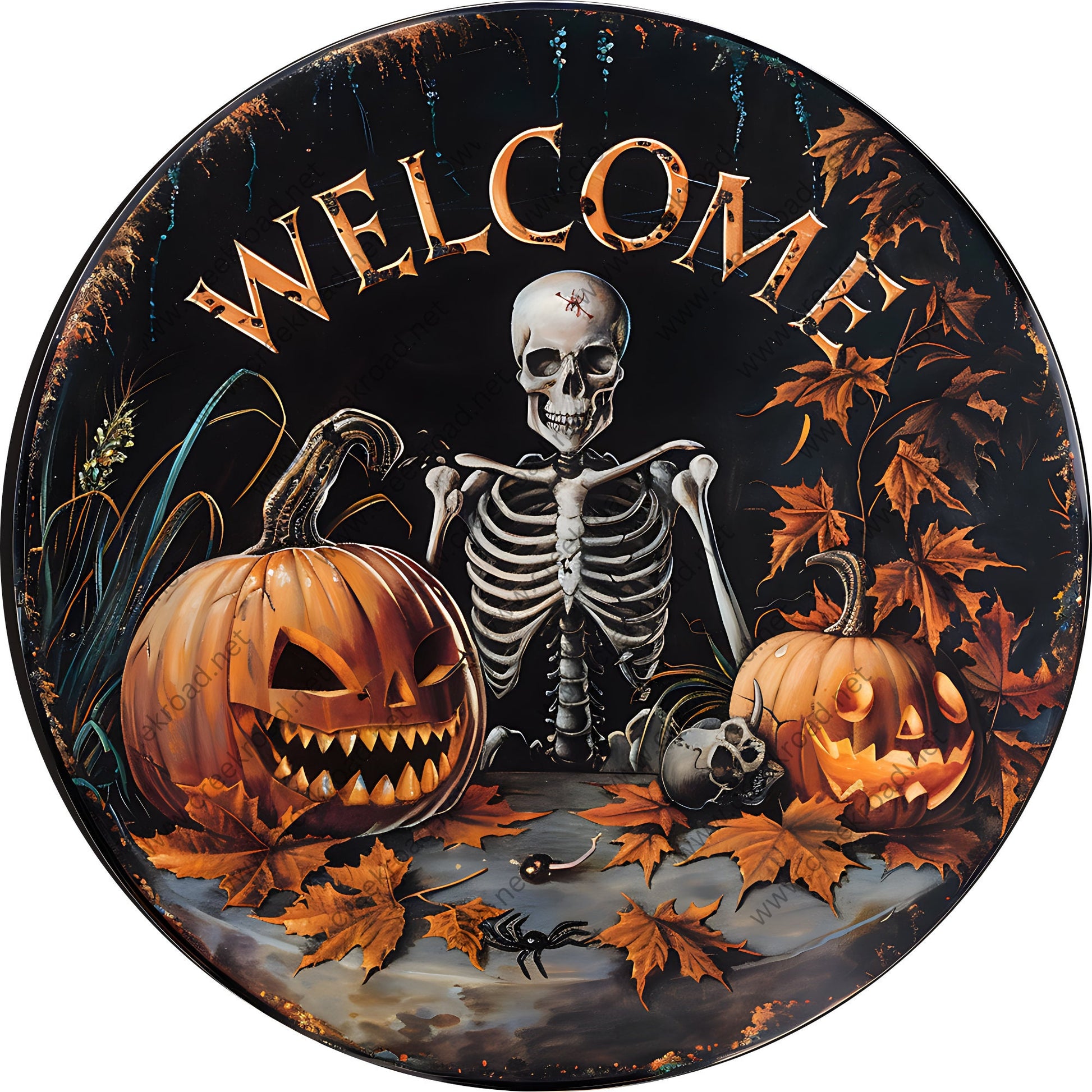 Welcome Skeleton Jack-o-lanterns Wreath Sign-Halloween-Sublimation-Decor-Creek Road Designs