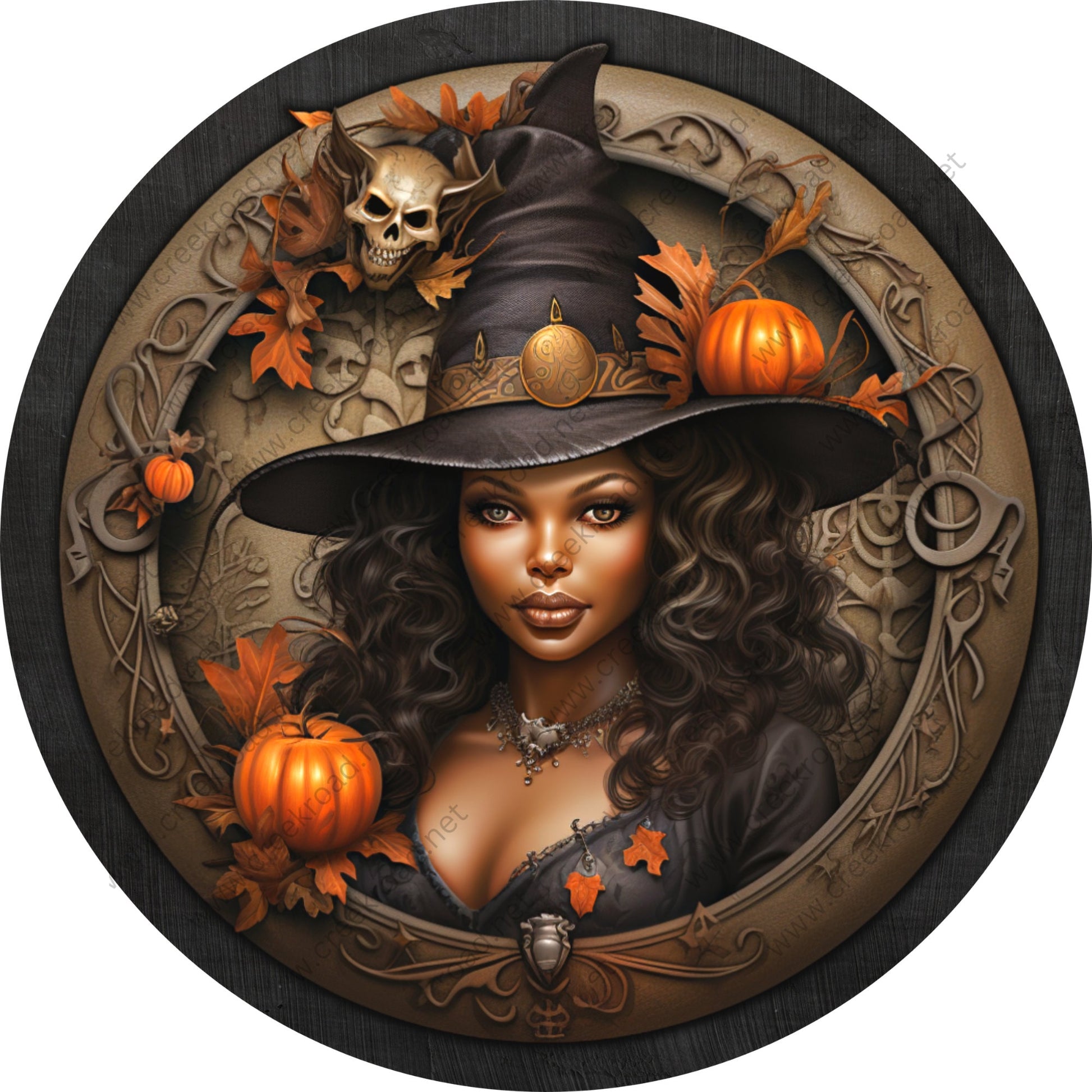 African American Halloween Witch with Pumpkins Wreath Sign-Halloween-Sublimation-Decor-Creek Road Designs