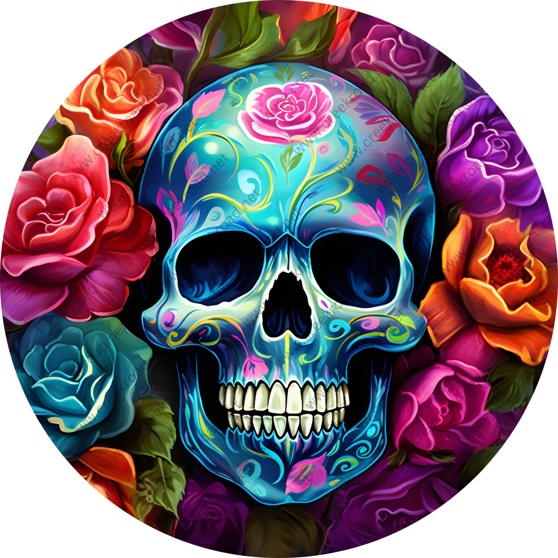 Colorful Day of the Dead Skull Flowers Wreath Sign-Halloween-Sublimation-Decor-Creek Road Designs