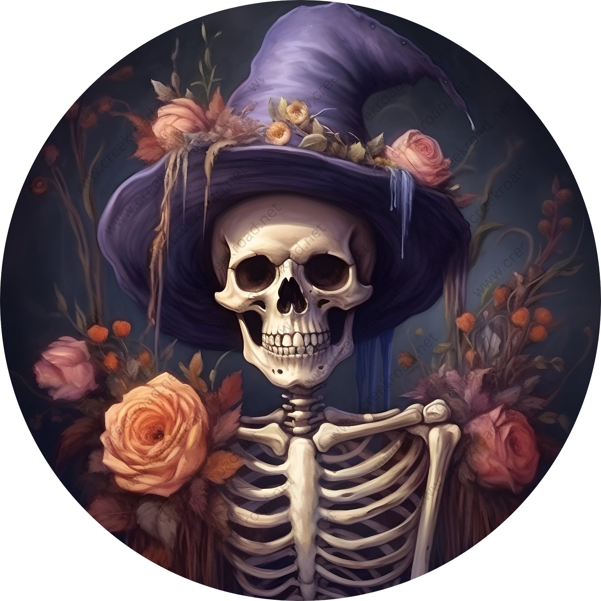 Skeleton Wearing Purple Witch Hat Florals Wreath Sign-Halloween-Sublimation-Decor-Creek Road Designs