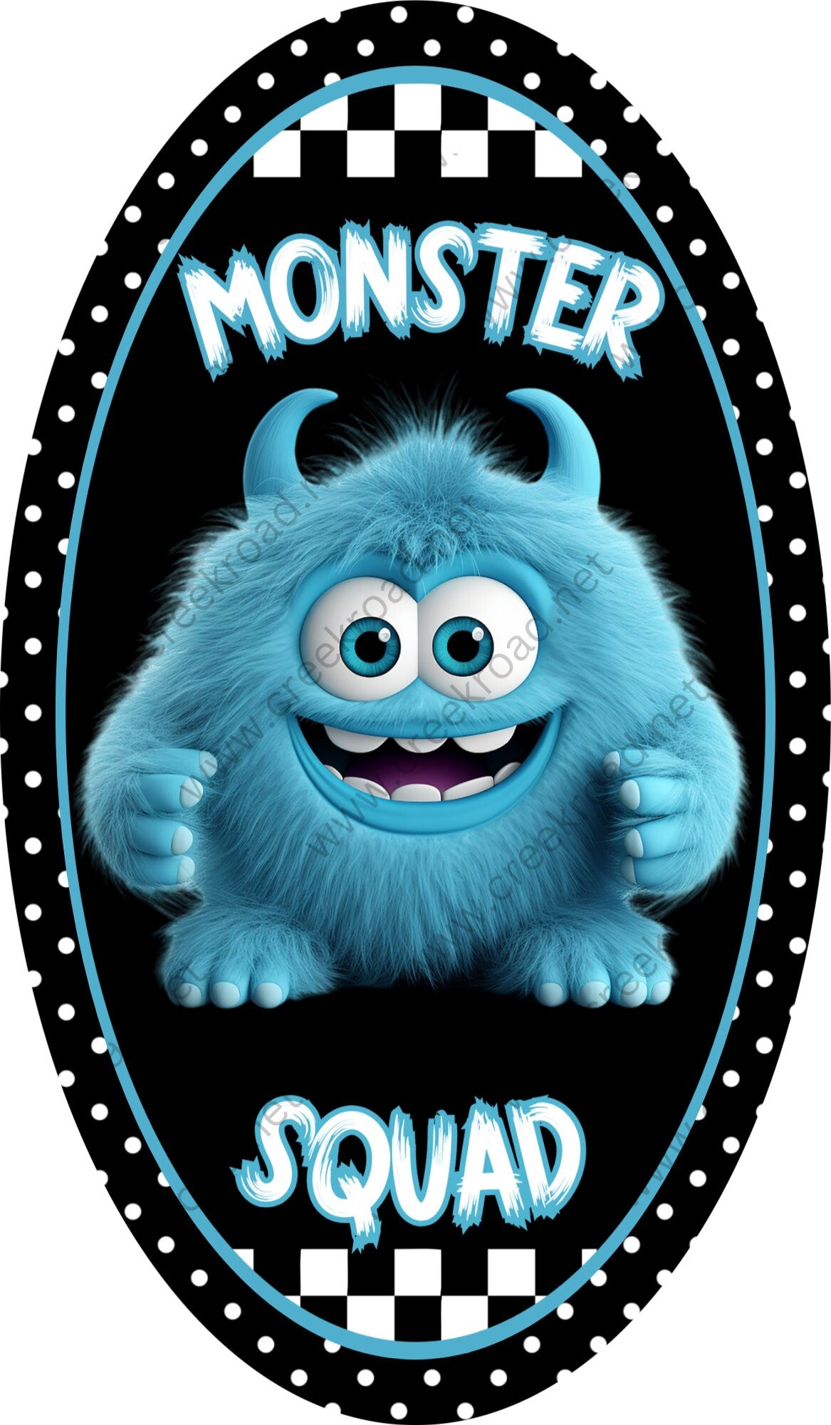 Monster Squad Aqua Teal Furry Monster Wreath Sign-7"x12" Oval Halloween-Sublimation-Decor-Creek Road Designs