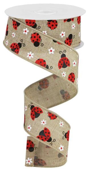 1.5" X 10Yd Wired Ribbon-Mini Ladybugs On Royal Ribbon-RGA162201-Lt Beige/Red/White-Wreaths-Crafts