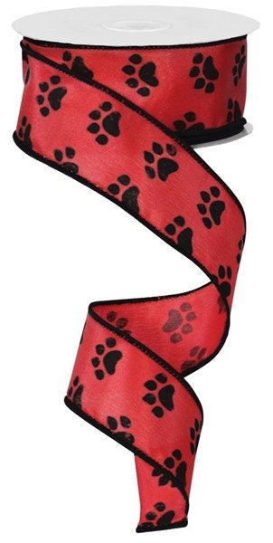 1.5" X 10Yd Wired Ribbon-Red Paw Print Ribbon-RG1778CM-Red/Black-Wreaths-Crafts