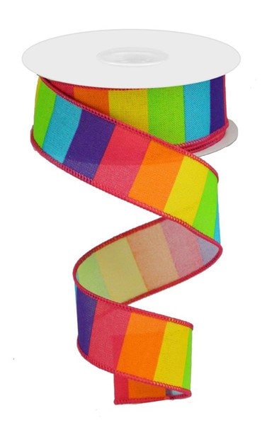 1.5" X 10Yd Wired Ribbon-Horizontal Rainbow On Royal Ribbon-RGA10183J-Ht Pnk/Orng/Yllw/Lme/Turq-Wreaths-Crafts