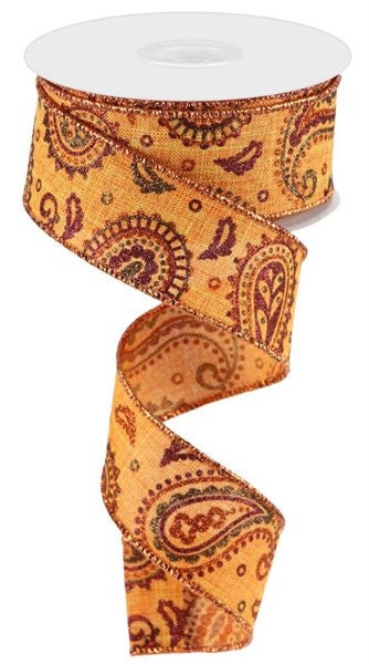 1.5" X 10Yd Wired Ribbon-Paisley On Royal Ribbon-RGC1375CF-Talisman/Brwn/Cppr/Burg-Wreaths-Crafts