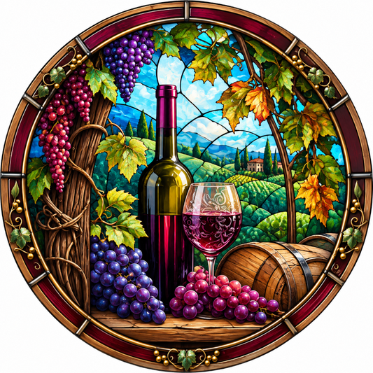 Wine in the Vineyards Bottle Wine Glass Grapes Faux Stained Glass Wreath Sign