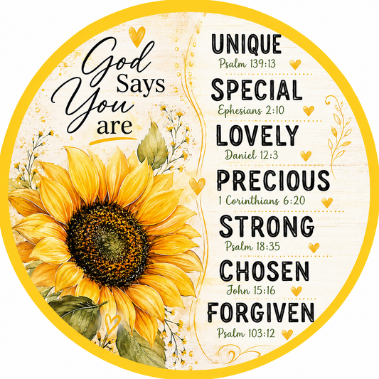 God Says You Are Unique Special Lovely Precious Strong Chosen Forgiven Bible Verse Wreath Sign-Sublimation-Religious-Decor