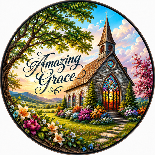 Amazing Grace Country Church with Florals Wreath Sign-Round-Sublimation-Spring-Inspirational-Decor-Creek Road Designs