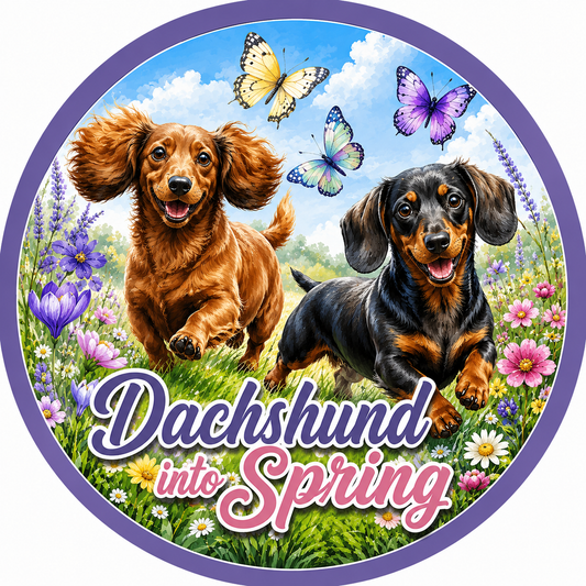 Dachshund Into Spring Through Grass and Flowers & Butterflies Wreath Sign