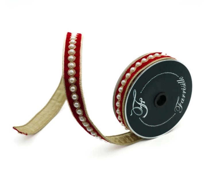 Farrisilk 1" Designer Ribbon x 5 Yd.-Pearl Borders Red Trim-RK316-02