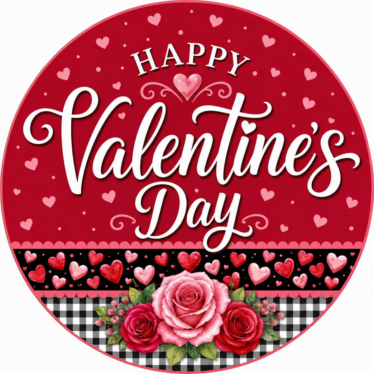 Happy Valentines Day on Pink Heart Background with Black White Checkered Border Wreath Sign
