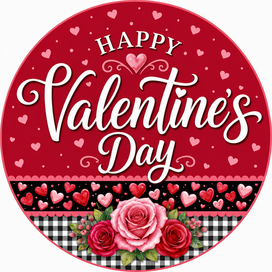 Happy Valentines Day on Pink Heart Background with Black White Checkered Border Wreath Sign