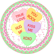 Load image into Gallery viewer, Conversation Hearts Green Pink Hearts Valentine Wreath Sign - Valentines Door Decor
