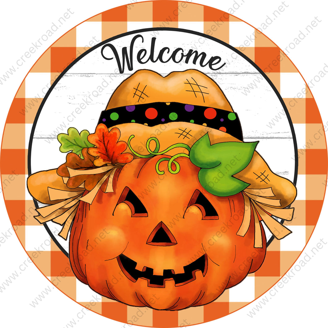 Welcome Pumpkin Scarecrow Orange White Checkered Border Wreath Sign - Autumn Fall- Wreath Sign - Sublimation Sign - Wreath Attachment