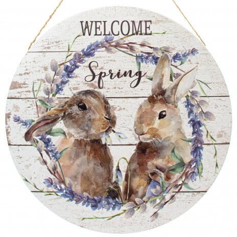 Welcome Spring Bunnies Lavender Florals on Shiplap Background 12" diameter Metal Sign- Wreath Sign-Decor-MD0577
