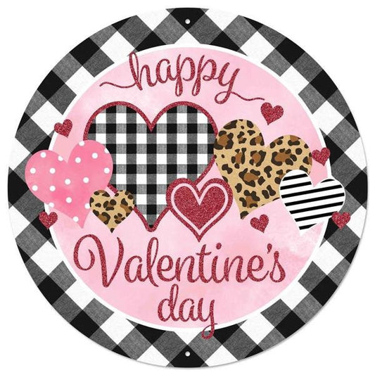 Happy Valentines Hearts Patterned Hearts on Pink Background Gingham Border 12" diameter Metal Sign- Wreath Sign-Decor-MD0777