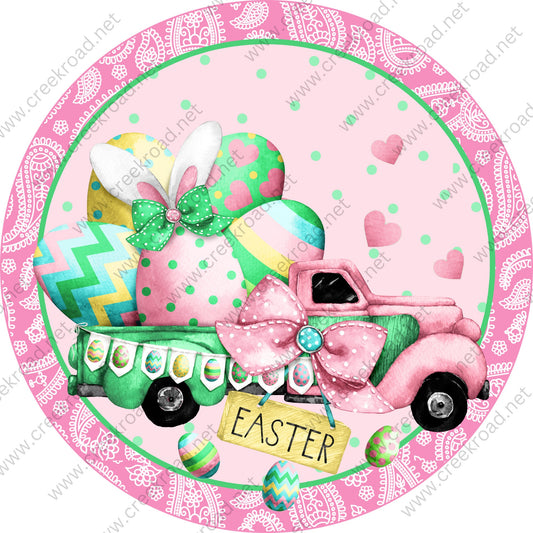 Pink Green Truckload of Easter Eggs Easter Sign with Pink Paisley-Easter-Sublimation-Wreath Sign-Attachment