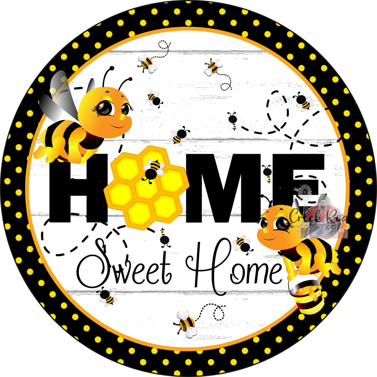 Home Sweet Home Bumble Bee Honeycomb Black Yellow Polka Dot Wreath Sign - Sublimation-decor