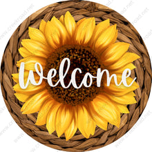 Load image into Gallery viewer, Welcome Sunflower with Wicker Basket Background Wreath Sign-Yellow Brown-Sublimation-Everyday-Spring-Metal Sign
