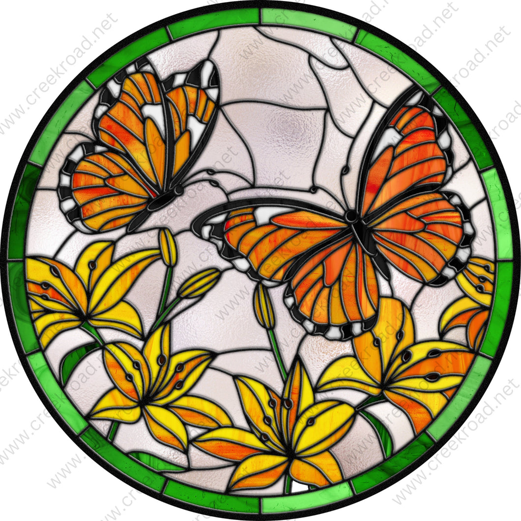 Spring Monarch Butterflies Flying Faux Stained Glass Wreath Sign-Yellow Green Orange-Everyday-Wreath Sign-Sublimation Sign-Wreath Attachment