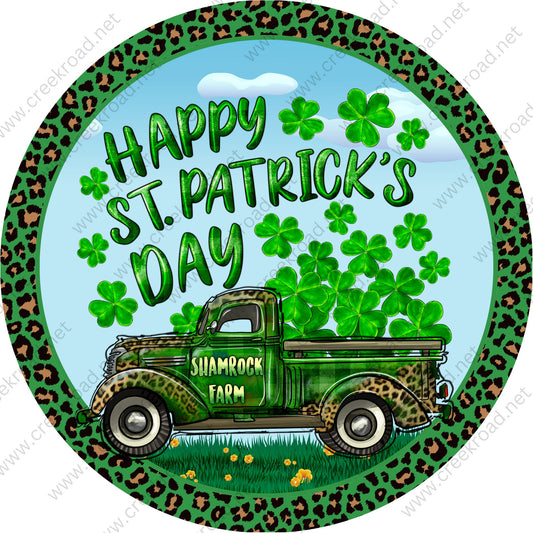 Happy St Patrick's Day Shamrock Farm Truck Green Leopard Wreath Sign - St. Patrick's- Wreath Sign - Sublimation Sign - Wreath Attachment